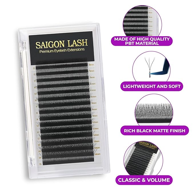 SAIGON LASH W-Shaped Eyelash Extensions, 3D Premade Fan Lashes 0.07 B C CC D DD Curl, Matte Black Volume Lash Extensions, Easy Fanning Lash Tray, 8–15mm Mixed Length, 16 Rows (3DW Lash DD-0.07)