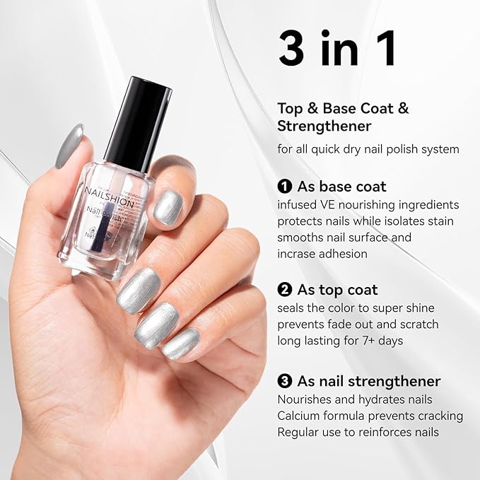 Nailshion Metallic Silver Nail Polish with Base Top Coat, 3 IN 1 Nail Strengthener Quick Dry Clear Nail Polish Duo, Opaque, Non-Gel, Vegan, Liquid Silver Glossy Chrome Nails Art Gift for Women Girls