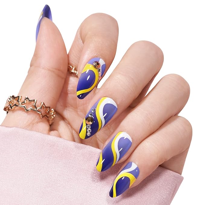 BTArtbox Press On Nails Almond - Blue Swirl Press On Nails with Nail Glue for Woman, Medium Soft Gel Glue On Nails in 15 Sizes - 30Pcs Stick On Nails Kit, Wave Blue