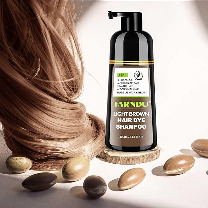 Farndu Light Brown Hair Dye Shampoo, 3 in 1 Instant Hair Color with 15 Min Gray Coverage, Natural Semi-Permanent Herbal Shampoo for Men & Women