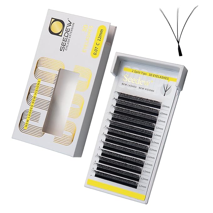SEEDEW 3D-Double Tips Lash Extensions, 0.07mm C Curl 12mm 12 Rows/Tray, W Shape 3DD Flat Stem, PBT Natural False Eyelashes for Beginner Artist, Lash Tech, Beauty Salon(3DD-Matte Black-0.07-C-12mm)