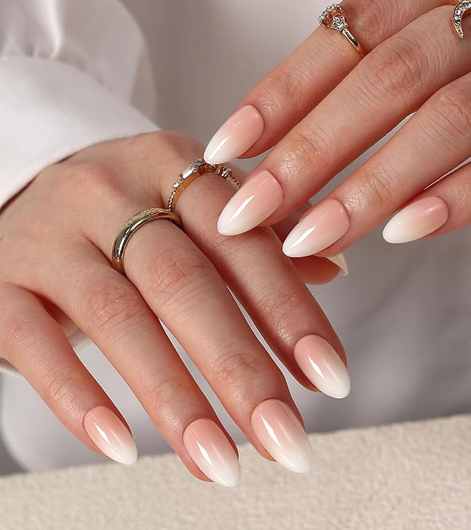 Morily 30Pcs Press on Nails Short Almond, Ombre Pink Fake Nails Acrylic False Nail Tips Reusable Full Cover Stick on Nails for Women - 15 Sizes