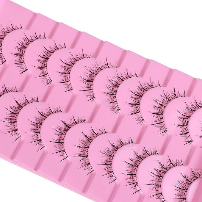 outopen 10 Pairs Manga Lashes Natural Look False Eyelashes Wispy Spiky Anime Lashes Korean Japanese Asian Style Cosplay Fake Eyelashes with Clear Band