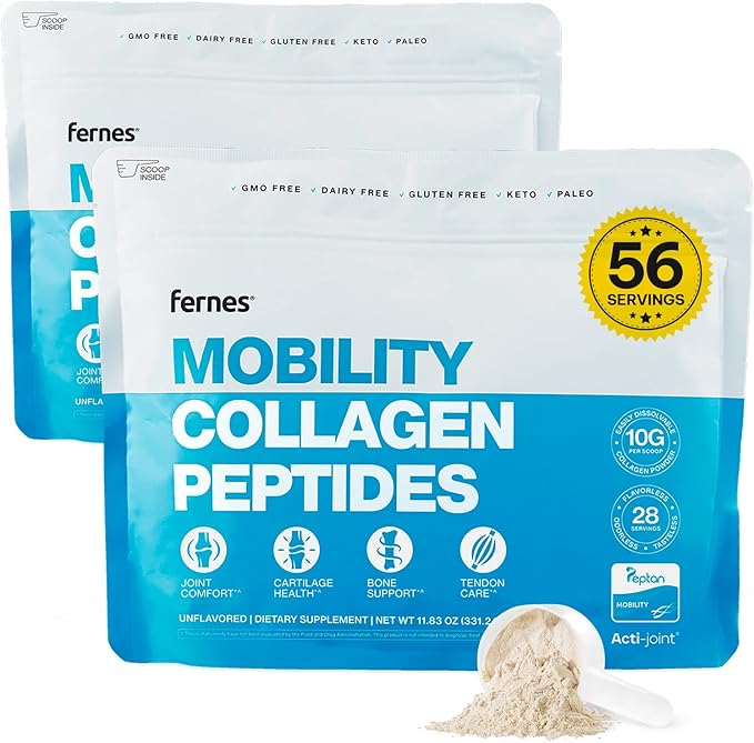 Fernes Mobility Collagen Peptides Powder - Glucosamine, Chondroitin, Hyaluronic Acid & Liposomal Vitamin C Join Bone & Cartilage Support Grass-Fed Type I & III Keto & Paleo 56 Servings, 23.66 oz