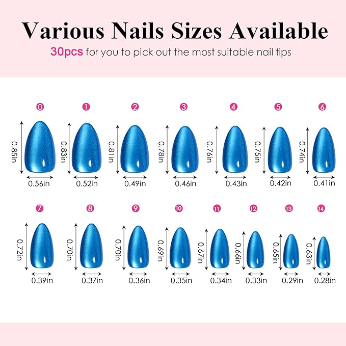 Canvalite Short Almond Press On Nails, 30Pcs Press on Nails Cat Eye Reusable Acrylic Fake Nails with Glue & Glue Remover Easy to Use Manicure Kit for Women, Blue