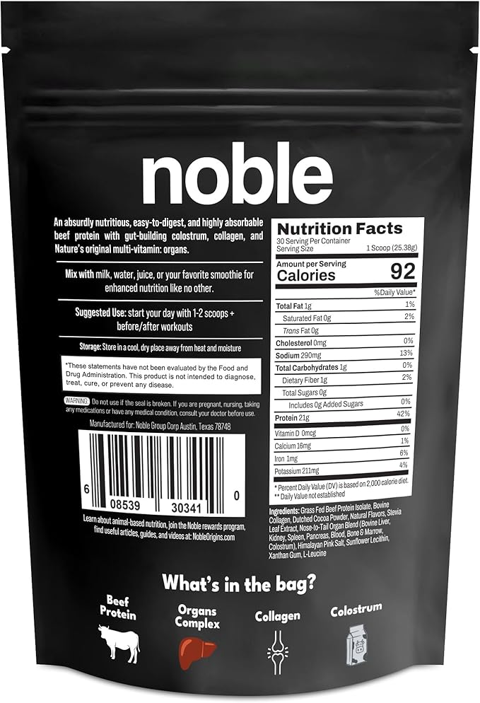 Noble All-in-One Chocolate Protein Powder, 21g Grass-Fed Beef Protein & Collagen, Colostrum & Organ Blend, Whey-Free, Seed Oil-Free, Zero-Carb, 30 Servings (1.75lbs)