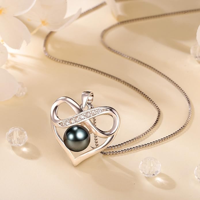 NONNYL Black and White Pearl Heart Pendant Necklace - Gift for Women Wife Wedding Birthday Anniversary - Mom Girlfriend Her on Mothers Day Valentines Day Christmas - 18K Gold Plated Sterling Silver