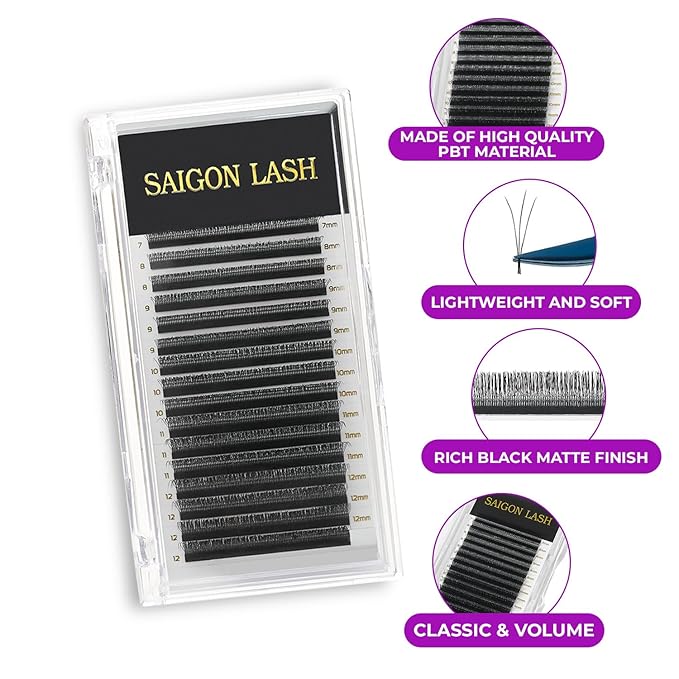 SAIGON LASH 3D Wispy Eyelash Extensions, Premade Fan Lashes, 0.07 B C CC D DD Curl, 7–15mm Mixed Length, Black Volume Individual Lashes for Professionals (D-0.07-7 - 12mm)