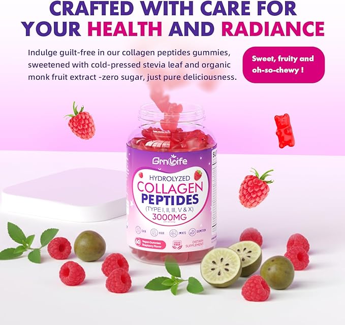 Collagen Gummies for Women & Men Sugar-Free, Hydrolyzed Collagen Peptides with Antioxidant Blend & Digestive Enzymes, Multi Collagen (Type I,II,III,V,X) for Skin Hair Nails, Raspberry Flavor, 60 Count