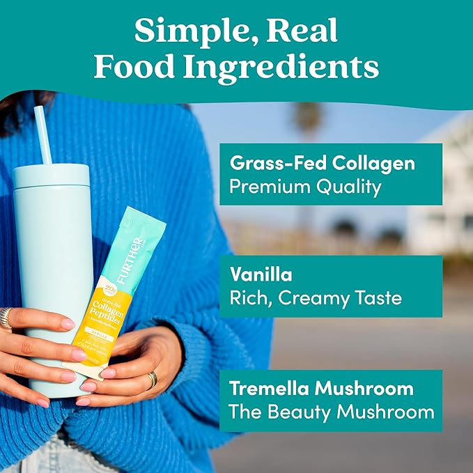 Further Food Vanilla Collagen Peptides Powder, 12 Stick Packs – 100% Grass-Fed, Hydrolyzed Type 1 & 3, 20g of Collagen per Serving, Supports Skin, Hair, Nails & Joints, 8.89 Oz