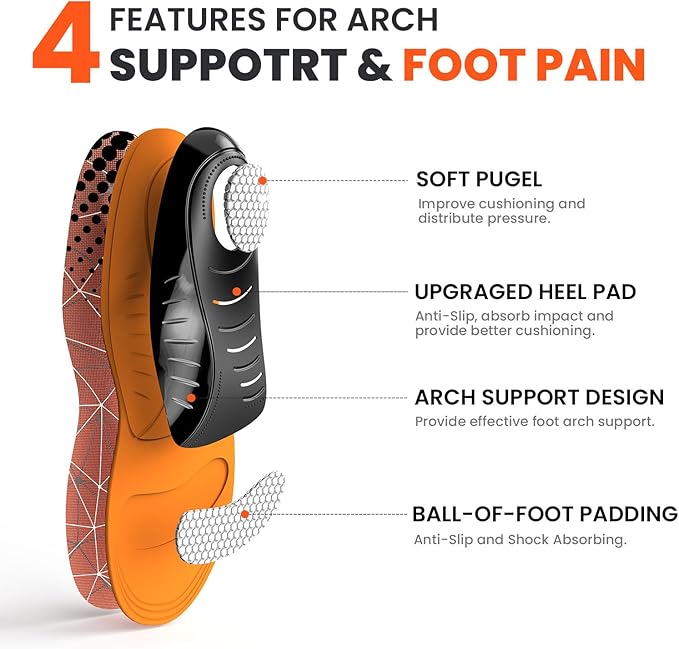 Plantar Fasciitis Arch Support Insoles - Welnove Heavy Duty High Arch Inserts Standing All Day, Fatigue Reduce - Orthotic Cushions for Foot Pain, Flat Feet, Heel Spurs, Man & Women, Fit Most Shoes (L)