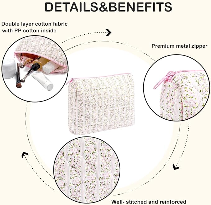 Cute Floral Makeup Bag Large Cotton Quilted Cosmetic Bag, Aesthetic Essential Bag Toiletry Period Bag for Women Travel Accessories (Pink Floral)