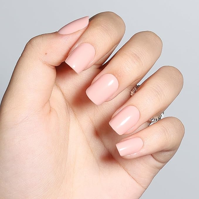 Leefrei Press on Nails Short - Square Nails Press ons for Women, Reusable Glossy Nude Pink Glue On Nails 30 Pcs 15 Sizes Fake Nails Kit with Glue, Soft Blush