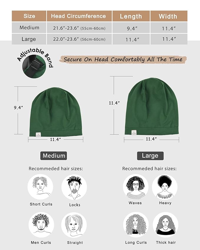 YANIBEST Silk Satin Bonnet Hair Cover Sleep Cap -Pine Green Adjustable Stay on Silk Lined Slouchy Beanie Hat for Night Sleeping