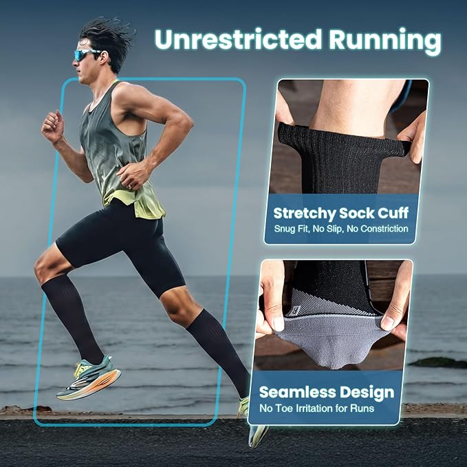 Rahhint Coolmax 20-30 mmHg Compression Running Socks, Long Distance Anti Blister Cushion Moisture Wicking Tall Athletic Socks