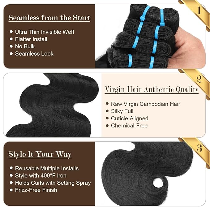 16A Body Wave Bundles Human Hair 100% Real Raw Human Hair Bundles Body Wave 20 22 24 26 Inch,No Tangle Shedding,Triple Lifespan Virgin Hair Extensions Thick Weave Reusable