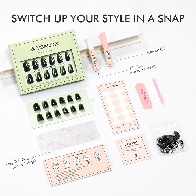 VSALON Press on Nails Short Oval - Dark Green Cat Eye Holographic Glitter Fake Nails Valentines Gifts for Woman, Reusable Opaque Gel Glue on Nails with Glue & Cuticle Oil - 32 PCS Stick on Nails in 16