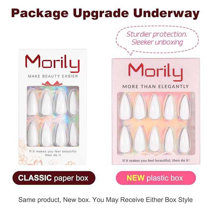 morily 24Pcs Pure White Fake Nails Medium Length Press on Nails Stiletto Almond False Nails Tips Long Acrylic Glossy Stick on Nails Solid Color Full Cover Finger Manicure for Women (White)