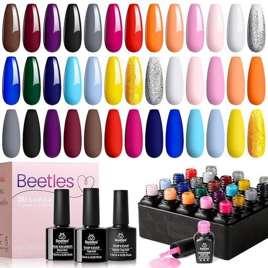 Beetles Winter Gel Nail Polish Set - 20 Pcs Neon Nail Gel Polish Set Soak Off Uv LED Gold Sliver Glitter Nail Polish Kit Blue Pink Black White Uv for Nail Art Salon Valentines Gift for Women