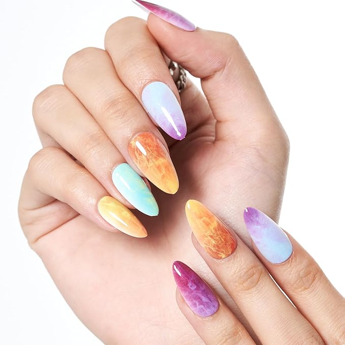 GLAMERMAID Press on Nails Medium Almond, Colorful Ombre French Tip Gel Glue on Nail, Glossy Short Stiletto Reusable UV Finish Fake Nails Acrylic False Nails Manicure Kits for Women