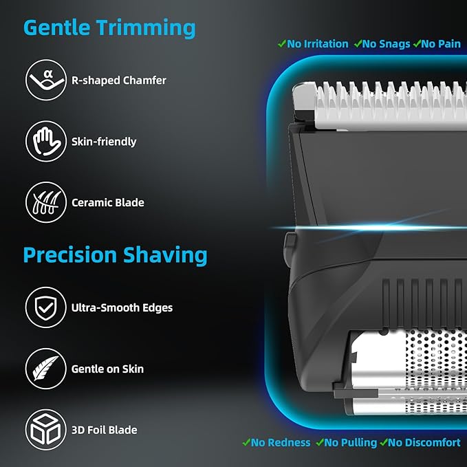 INVJOY Manscape Body Trimmer for Men, Waterproof Electric Razor/Shavers with Dual-Head for Facial, Pubic & Groin Hair Grooming, Ceramic & Foil Blades Hair Trimmer with LED - Birthday Gift for Him Dad
