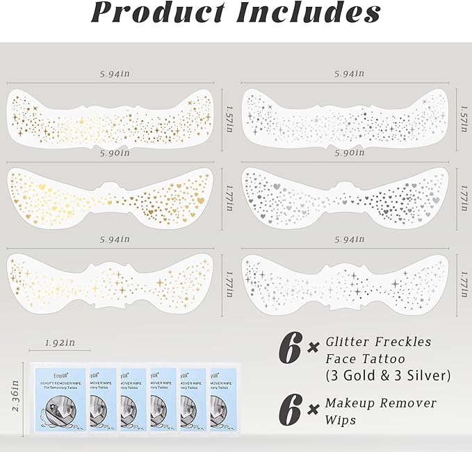 HOSAILY 6 PCS Glitter Freckles Face Tattoo, Gold & Silver Waterproof Face Sparkle Speckles Patches for Women, Cute Star Metallic Glitter Temporary Tattoo Makeup Accessories for Festival #Set B