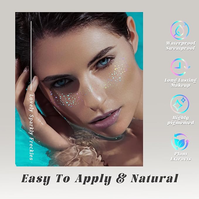 HOSAILY 6 pcs Holographic Glitter Freckles Face Tattoo, Waterproof Sparkle Body Glitter Speckles Patches for Women, Cute Star Glitter Stickers Temporary Tattoo Makeup Accessories for Festival Rave
