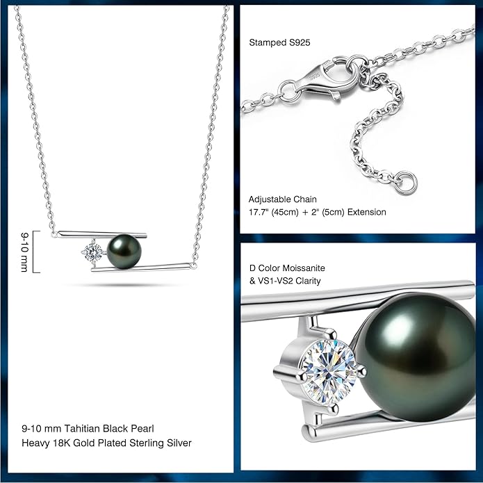 Genuine Tahitian Black Pearl Necklace for Women, 9-13mm AAAA Seawater Pearl - Sterling Silver Moissanite Pendant, Wedding Anniversary, Birthday, Christmas Gift for Wife, Mom, Girlfriend, Fine Jewelry