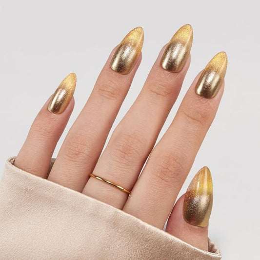 VSALON Press on Nails Medium Almond - Metallic Golden Ombre Cat Eye Glue On Nails for Women, New Year Salon Quality Fake Nails - 32 PCS Stick on Nails in 16 Sizes with Glue & Cuticle Oil