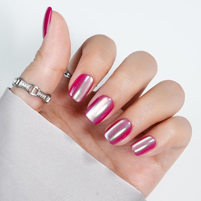 Jofay Fashion Press On Nails - Christmas Short Square Chrome Red for Gifts, Stick On Nails with Glue, Glossy Reusable Tips in 16 Sizes - 32 Soft Gel Fake Nails Kit