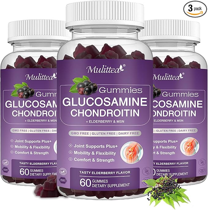 Mulittea 3 Pack Glucosamine Chondroitin Gummies MSM Elderberry Calcium- Extra Strength Joint Support Supplement for Relief. Antioxidant Immune Support for Adults Men Women