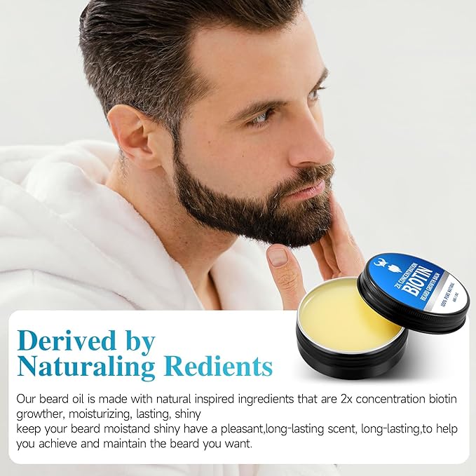 Biotin Beard Balm for Men & Conditioning Beard Wax - Made with Castor Oil Natural and Organic Ingredients - Hydrates & Thickens Facial Hair Growth- 2 Ounce Tin