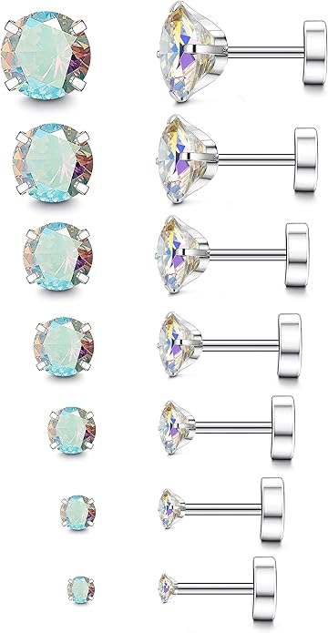 Fansilver 20G Hypoallergenic Flat Back Earrings for Women Men Silver 14K Gold Stainless Steel Stud Earrings Brithstone Cubic Zirconia Studs Surgical Steel Cartilage Earrings for Sensitive Ears