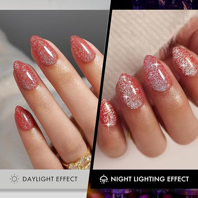 SHANGMENG Glitter Red Press on Nails Almond with Sparkling Diamond - Soft Gel Fake Nails Short with Glue, Glossy Glue On Nails for Women Gift in 16 Sizes - 32 Reusable Nails, Starlight Red Orange