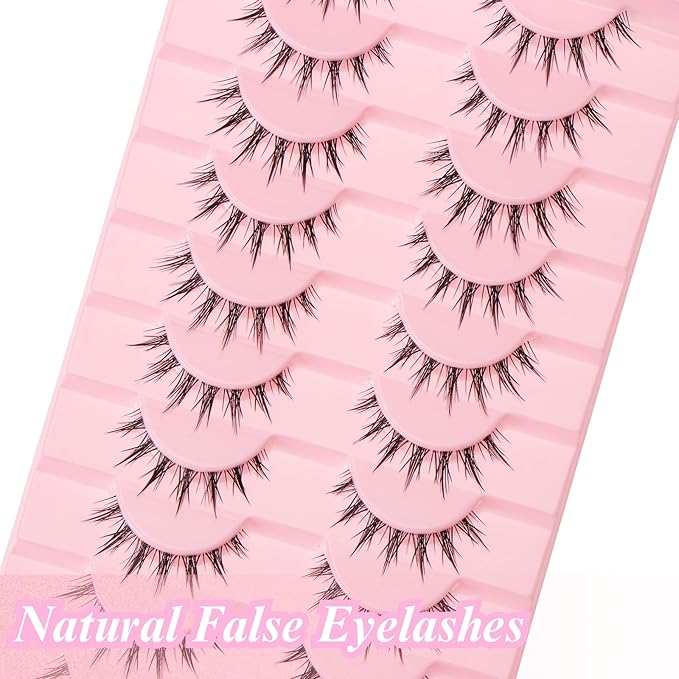 outopen 10 Pairs Manga Lashes Natural Look False Eyelashes Wispy Spiky Anime Lashes Korean Japanese Asian Style Cosplay Fake Eyelashes with Clear Band