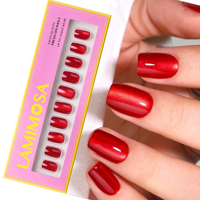 LAMIMOSA 32Pcs Red Cat Eye Press On Nails Short Square, Nail Kit, Soft Gel Fake Nails in 16 Sizes, Reusable Glue on Nails, RED VELVET