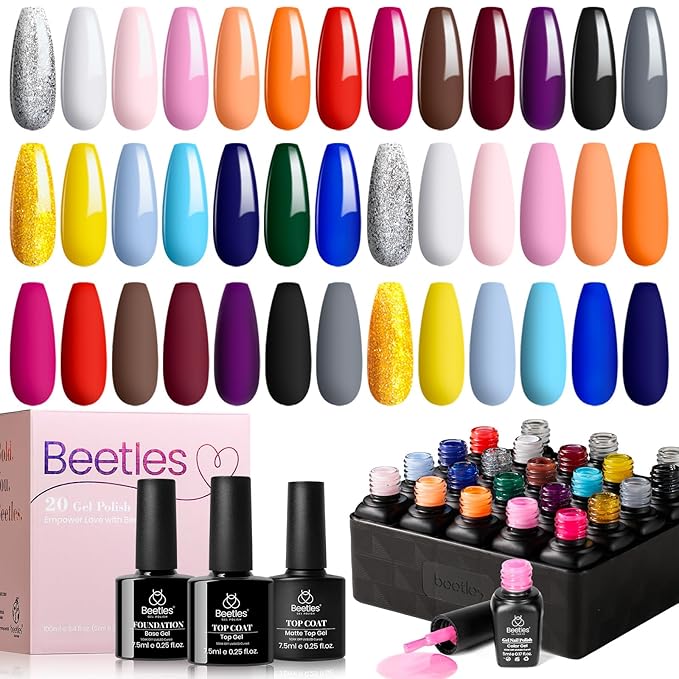 Beetles Winter Gel Nail Polish Set - 20 Pcs Neon Nail Gel Polish Set Soak Off Uv LED Gold Sliver Glitter Nail Polish Kit Blue Pink Black White Uv for Nail Art Salon Valentines Gift for Women