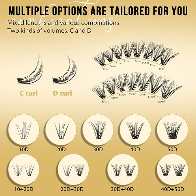 QUEWEL Lash Clusters 320Pcs Cluster Lashes 40D C Curl Lash Cluster Eyelash Extensions Mix12-18mm Individual Eyelashes Clusters Wispy Lash Clusters Thin Band Soft to Use at Home(40D C Mix12-18)