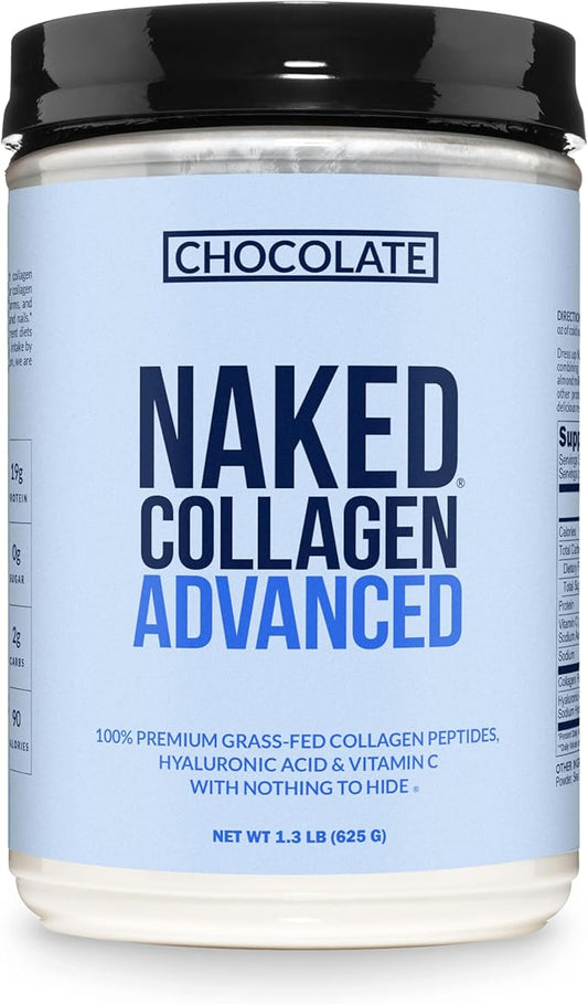NAKED Chocolate Collagen Advanced - Peptides Protein Powder, Hyaluronic Acid, Vitamin C, Pasture-Raised, Grass-Fed Hydrolyzed Collagen Supplement, Paleo Friendly, Non-GMO, Keto, Gluten Free, 1.3LB