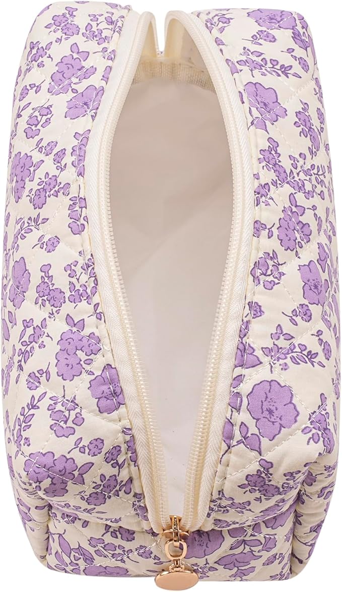 Cute Floral Makeup Bag Small Cotton Quilted Cosmetic Bag, Aesthetic Essential Bag Emergency Bag Gift for Women Girls Travel Accessories (Light Purple Floral)