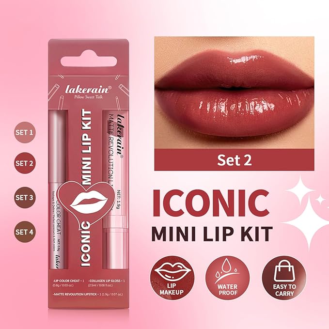 3PCS Lip Liner and Lipstick Combo Set - Matte Lip Liner Pencil, Velvet Matte Lipstick & Hydrating Collagen Lip Gloss - Long-Lasting, Smudge-Proof, High Pigment Nude Brown Lip Makeup Kit (#2 Red Rose)