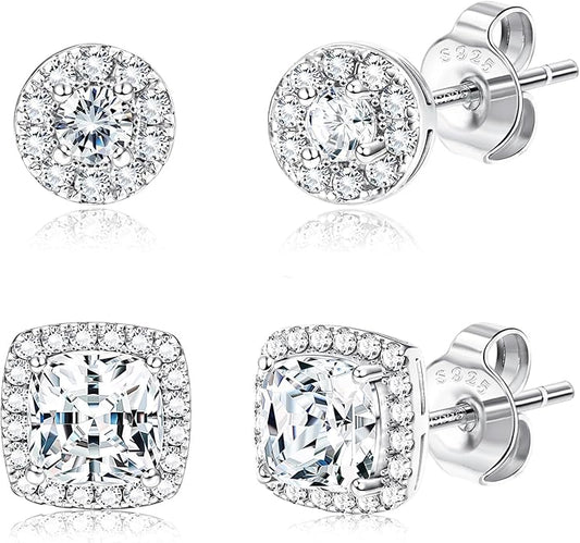 Hayoso 18K Gold Plated Halo Stud Earrings 925 Sterling Silver Cubic Zirconia Stud Earrings Round Square Diamonique Stud Earrings Set for Women Men