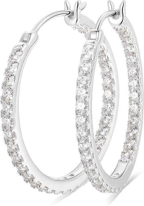 Wyyxl Womens Diamond Hoop Earrings, 20/25/30mm Small Hoop Sterling Silver Based Hypoallergenic Huggie Stud, Sparkle Moissanite 5a Cubic Zirconia Earings Jewelry for Woman Daily Party Wear