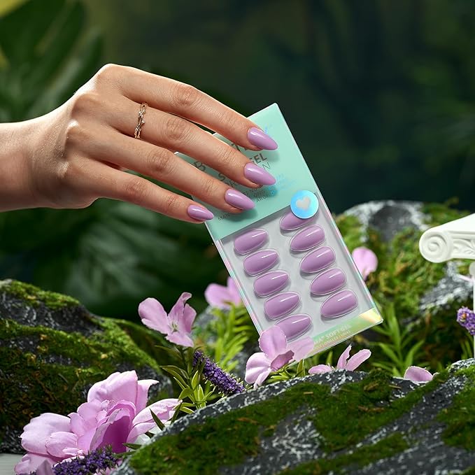 BTArtbox Press On Nails Almond - Lavender Purple Short Press On Nails with Glue for Women, Opaque Soft Gel Glue On Nails in 16 Sizes - 32 Stick On Nails Kit, Orchid Dew