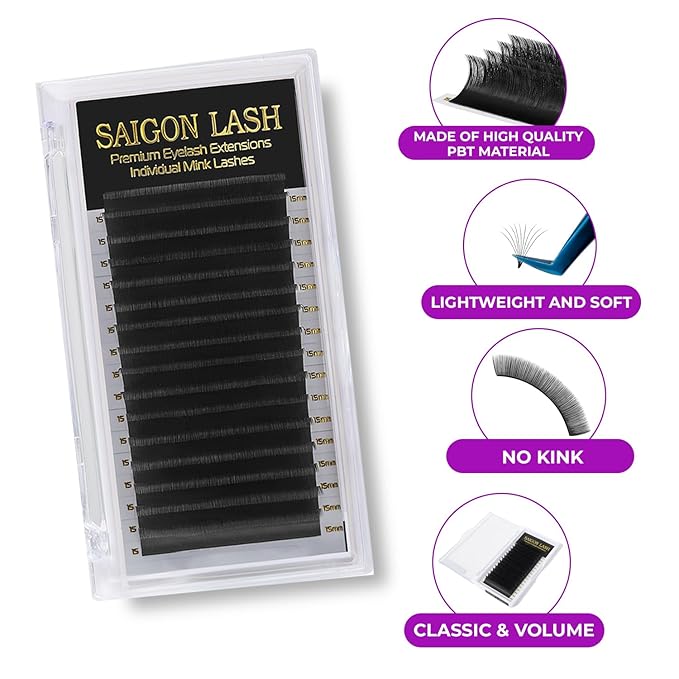 SAIGON LASH Eyelash Extensions, Mink Lash, Volume & Classic Lashes for Professionals, J/B/C/CC/D/L/M Curl, 4-15mm Length, Soft Korean PBT Fiber, 16 Rows Lash Tray (Black-M-0.05-8-15mm)