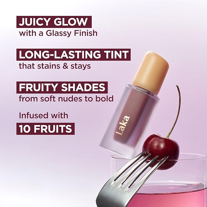 Laka Fruity Glam Tint, 4.5g/0.15oz, Glowing Lip Stain with Wide Color Spectrum, Hydrating & Lightweight Texture, Long-Lasting Bold Stain, Non-Sticky, Vegan, K-Beauty (#142 Toffee)