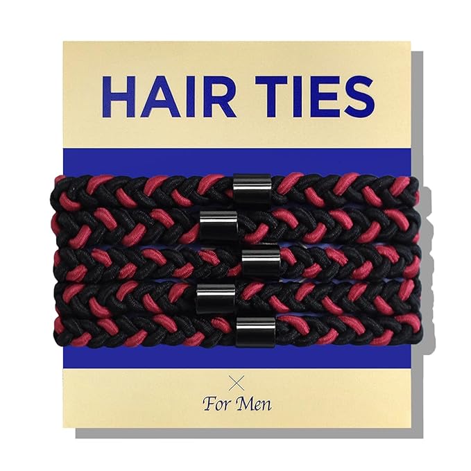 Braided Mens Hair Ties For Men 5 pcs(XL, Red Black) - For Buns Curly Thick Dense Hair Elastic Hair Ties For Guys | No damage Crease Breakage Man Bun Hair Tie Men with Long Hair Perfect hairtie