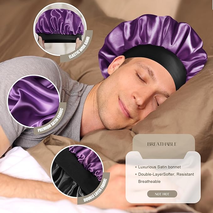 Satin Silk Bonnet for Men & Women, Double Layer Silk Sleep Bonnets, Soft Satin Lined Bonnet for Curly & Natural Hair
