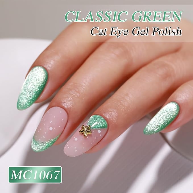 Double Rhythm Jelly Glass Cat Eye Gel Polish with Magnet 15ML Holographic Glitter Shimmer Translucent Sheer Color Magnetic Gel Polish Salon DIY at Home (Spring Green-MC1067)