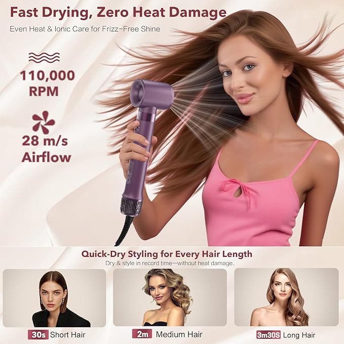 Mythsight StyleVibe 6-in-1 Air Styler, Hair Dryer & Blow Dryer Brush with Travel Case - Auto Wrap Curls (L/R), Fast Drying, Thermal Round Brush for Smooth Blowouts & Frizz-Free Volume, No Heat Damage